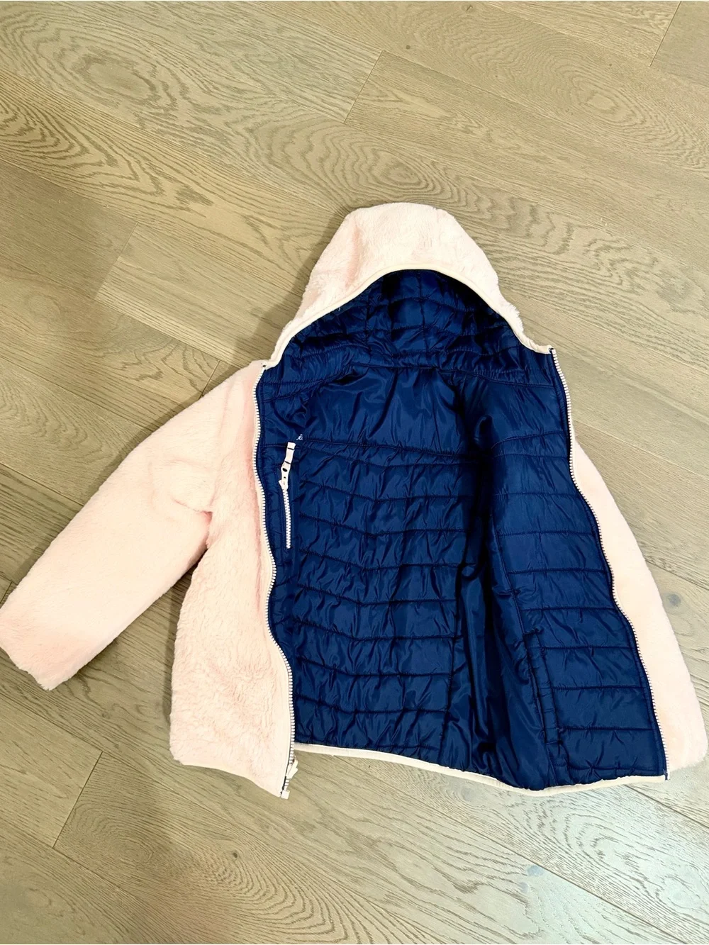 Eddie Bauer Navy Puffer Jacket Reversible with Pink Sherpa